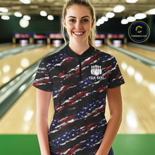 Load image into Gallery viewer, Woman wearing a black American flag quarter zip bowling shirt front view, personalized bowling team apparel.