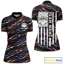 Load image into Gallery viewer, Black American flag quarter zip bowling shirt for women, custom bowling team jersey and tournament apparel.