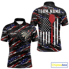 Load image into Gallery viewer, Black American flag custom darts polo shirt for men, patriotic darts team jersey for league tournaments.