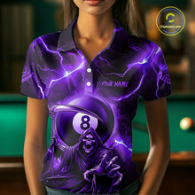 Load image into Gallery viewer, Purple Grim Reaper 8 Ball Women's Billiard Shirt Custom Thunder Lightning Halloween Pool Team Jersey TDM4874