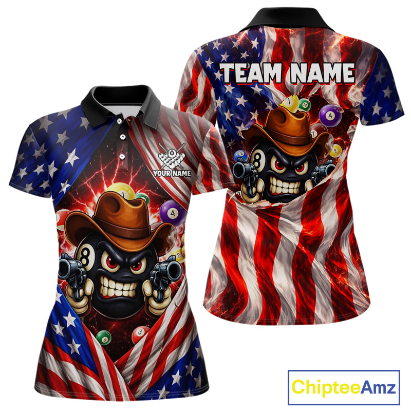 Glowing American Flag Funny 8 Ball Billiard Shirt For Women Custom Patriotic Pool Team Jersey TDM5570