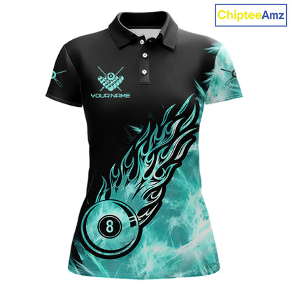 Black And Turquoise Flaming Icy 8 Ball Pool Billiard Shirt For Women Custom Billiard Team Jersey TDM5810