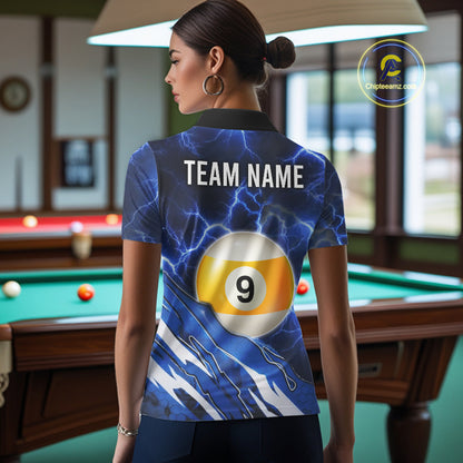 Blue Lightning Billiard Jersey For Women Custom 8 Ball 9 Ball Pool Billiard Shirt Team Polo, 1/4 Zip TDM6413