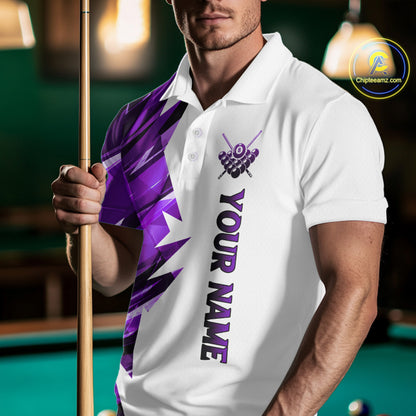 Custom Purple And White 8 Ball Pool Billiard Jersey For Men, Billiard Team Shirts Polo & 1/4 Zip TDM6610