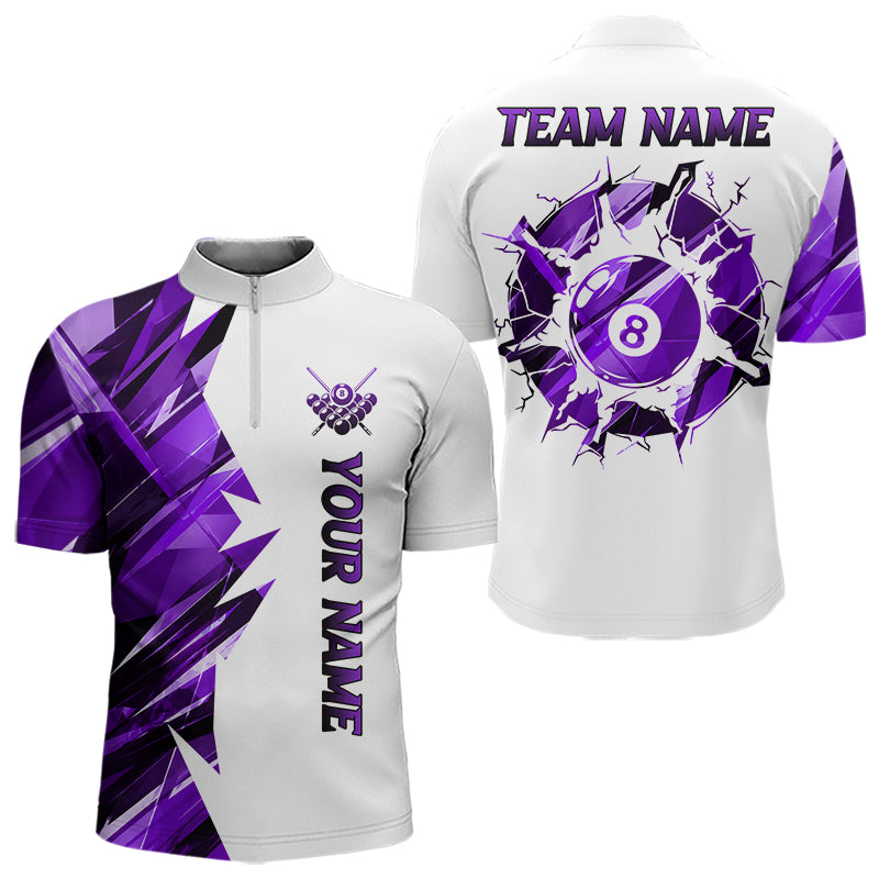 White billiard quarter zip shirt with purple and black designs on front and back, featuring an 8 ball graphic, "Team Name" and "Your Name" text, custom pool team jersey design