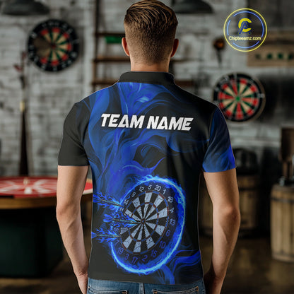 Blue Flaming Dartboard Shirt For Men Custom Fire Darts Jersey Polo & Quarter Zip Team Uniform TDM4676