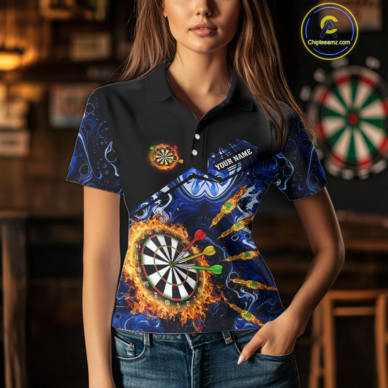 Personalized Blue Dartboard Fire Marble Darts Shirt For Women Custom Dart Team Jersey Polo & 1/4 Zip TDM5096