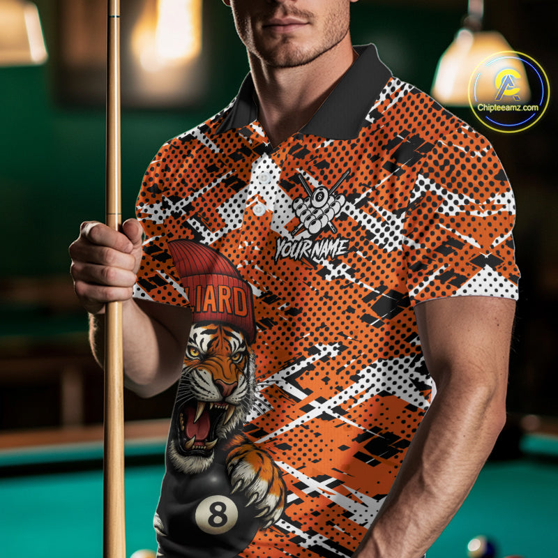 Personalized Orange Black Grunge Tiger Billiard Shirt For Men Custom 8 Ball Pool Team Jersey TDM5100
