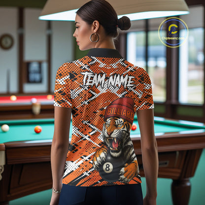 Personalized Orange Black Grunge Tiger Billiard Shirt For Women Custom 8 Ball Pool Team Jersey TDM5100