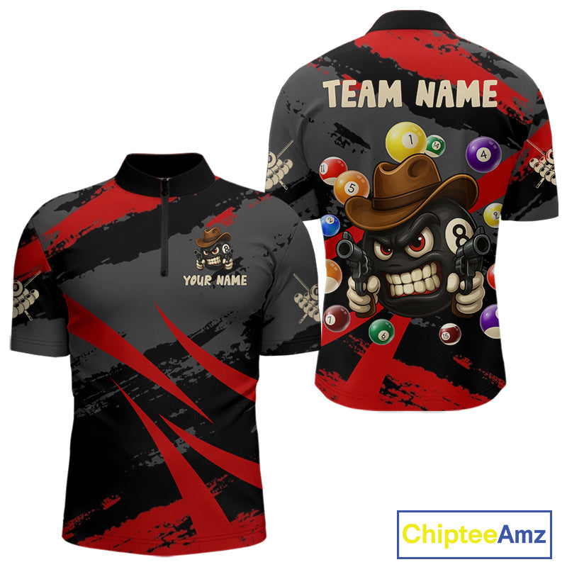 Black And Red Funny 8 Ball Pool Billiard Shirt For Men Custom Billiard Team Jersey Polo & 1/4 Zip TDM5315