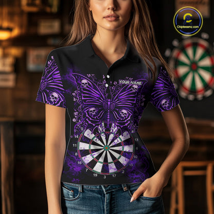 Purple Dartboard Butterfly Skull Darts Shirt For Women Custom Darts Team Jersey Polo & 1/4 Zip TDM5582