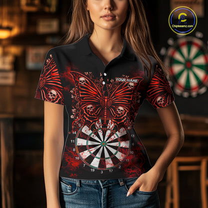 Red Dartboard Butterfly Skull Darts Shirt For Women Custom Darts League Team Jersey Polo & 1/4 Zip TDM5583