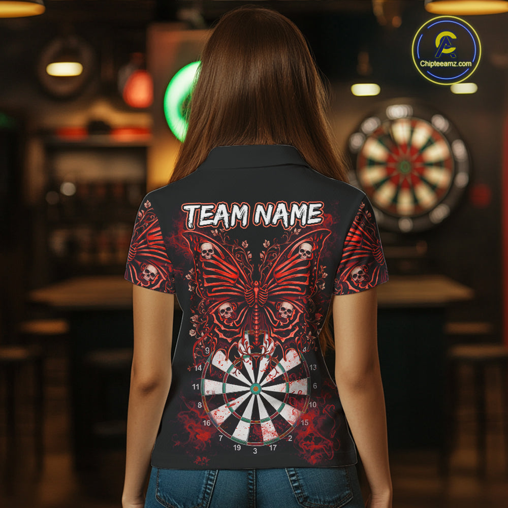 Red Dartboard Butterfly Skull Darts Shirt For Women Custom Darts League Team Jersey Polo & 1/4 Zip TDM5583