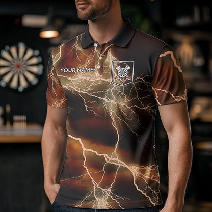 Black And Orange Thunder Lightning Dart Shirt With Pocket For Men Custom Dart Jersey TDM3803
