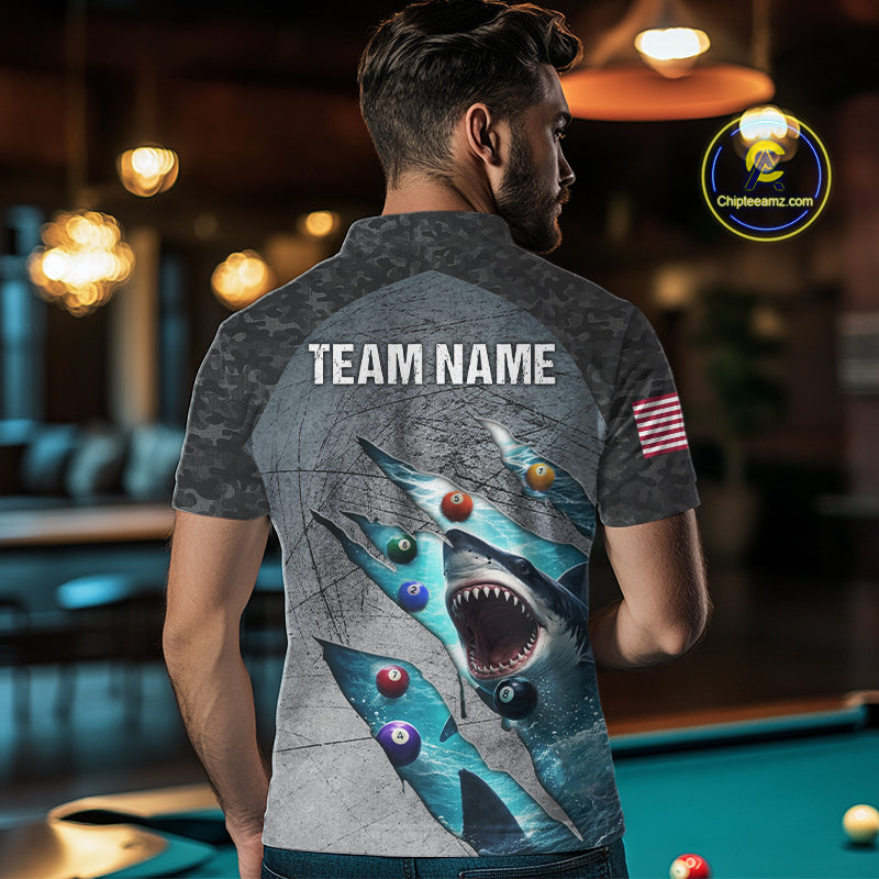 Personalized Funny Shark Billiard Shirt For Men, 8 Ball Pool Team Jersey Polo & 1/4 Zip Shirt TDM6202