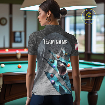 Personalized Funny Shark Billiard Shirt For Women, 8 Ball Pool Team Jersey Polo & 1/4 Zip Shirt TDM6202