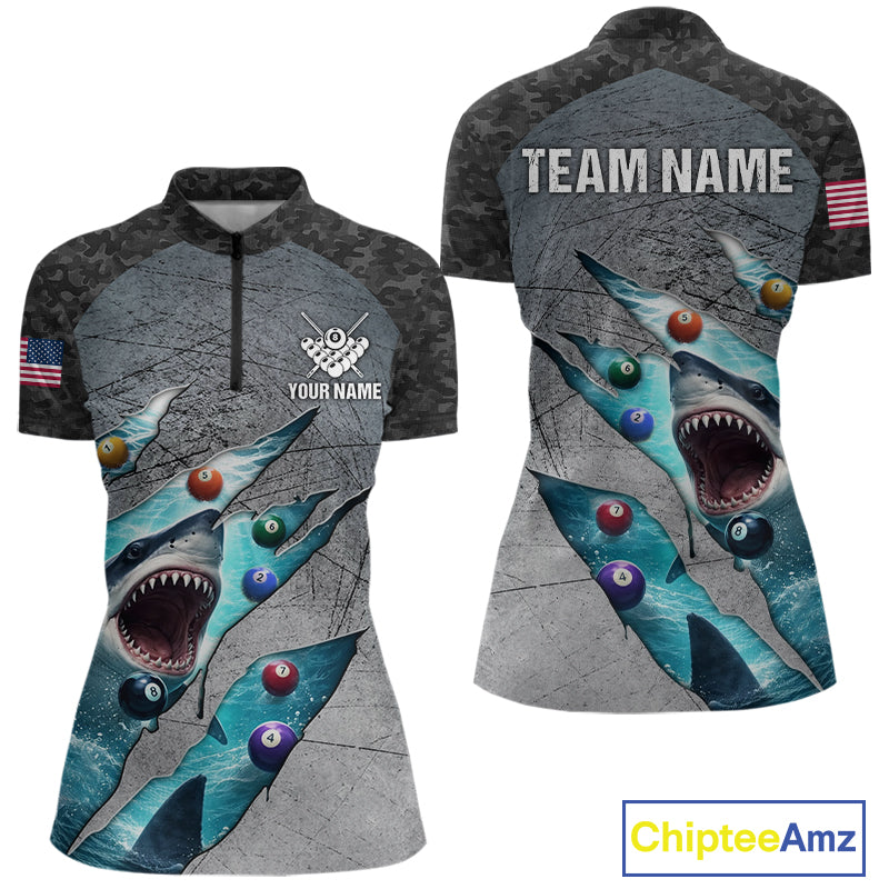Personalized Funny Shark Billiard Shirt For Women, 8 Ball Pool Team Jersey Polo & 1/4 Zip Shirt TDM6202