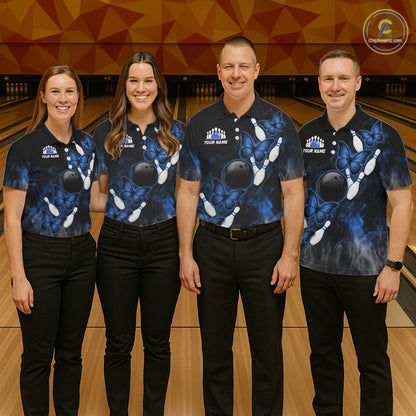 Black And Blue Custom Butterfly Bowling Shirt For Women, Smoke Bowling Team Jersey Polo & 1/4 Zip TDM6424