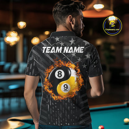 Man wearing a black billiard shirt with a 8 ball and 9 ball pool ball design and 'Team Name' text in a bar setting.