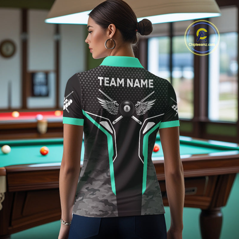 Black & Turquoise 8 Ball Pool Wings Custom Camo Billiard Shirt For Women, Billiard Team Jersey TDM4440
