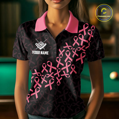 Woman Wearing Pink Ribbons Breast Cancer Awareness Billiard Polo Shirt with Athletic Performance Fit and Patriotic Graphic Artwork, Front View