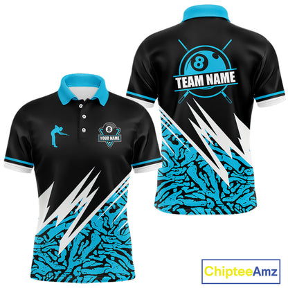 Personalized 8 Ball Billiard Jersey For Men Custom Black & Cyan Blue Pool Team Shirt Polo, 1/4 Zip TDM5107