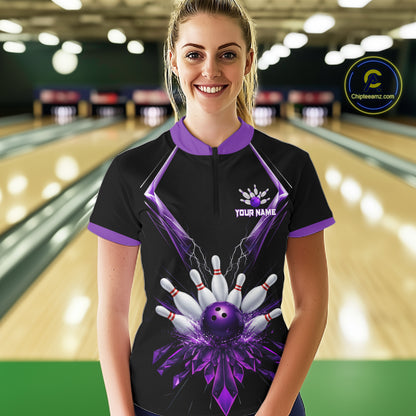 Custom Purple Bowling Jersey For Women, Crystal Lighting Bowling League Shirt Team Polo & 1/4 Zip TDM6428