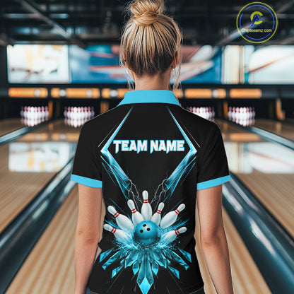 Custom Blue Bowling Jersey For Women, Crystal Lighting Bowling League Shirt Team Polo & 1/4 Zip TDM6429
