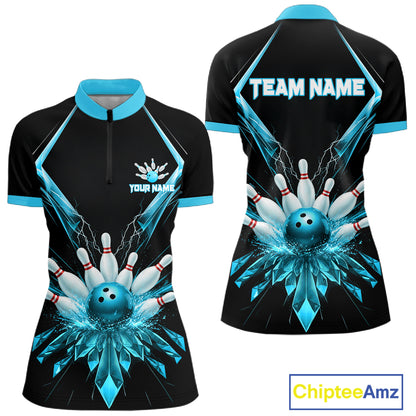 Custom Blue Bowling Jersey For Women, Crystal Lighting Bowling League Shirt Team Polo & 1/4 Zip TDM6429