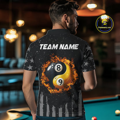 Black US Flag Ying And Yang 8 Ball & 9 Ball Custom Billiard Shirts For Men Funny Billiard Jerseys TDM4083