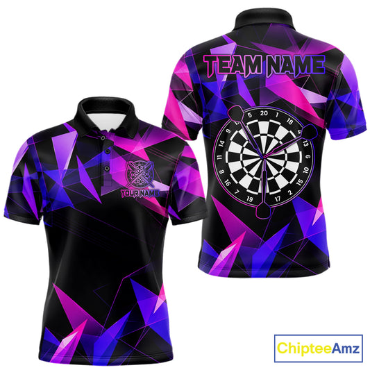 Pink and purple darts polo shirt with geometric design and dartboard, customizable name and team name