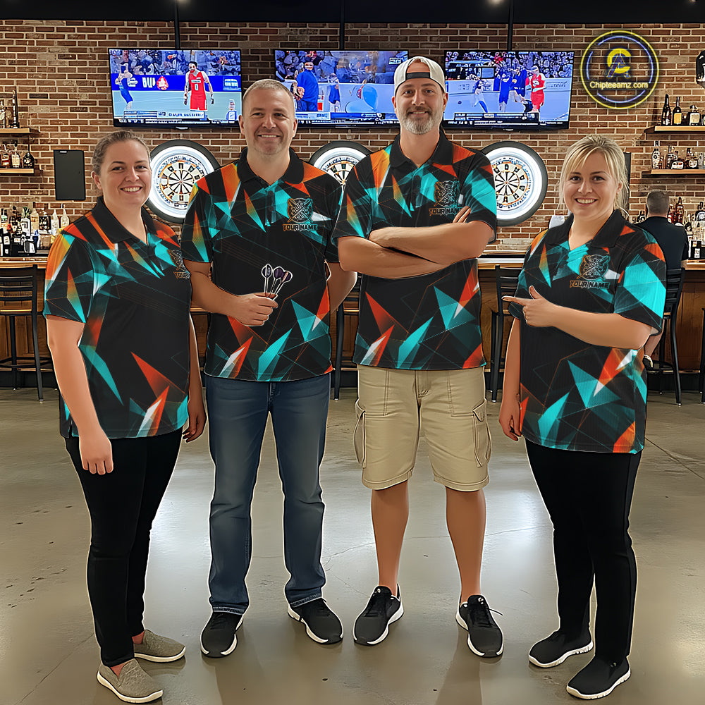 Custom Darts Shirts For Men, Orange And Turquoise Geometric Darts Team Jersey Polo & Quarter Zip TDM6629