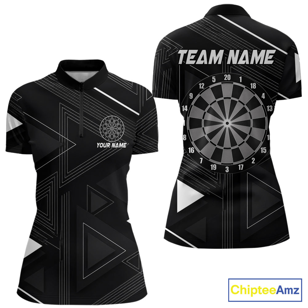 Black quarter zip shirt with dartboard design and customizable text on a geometric background