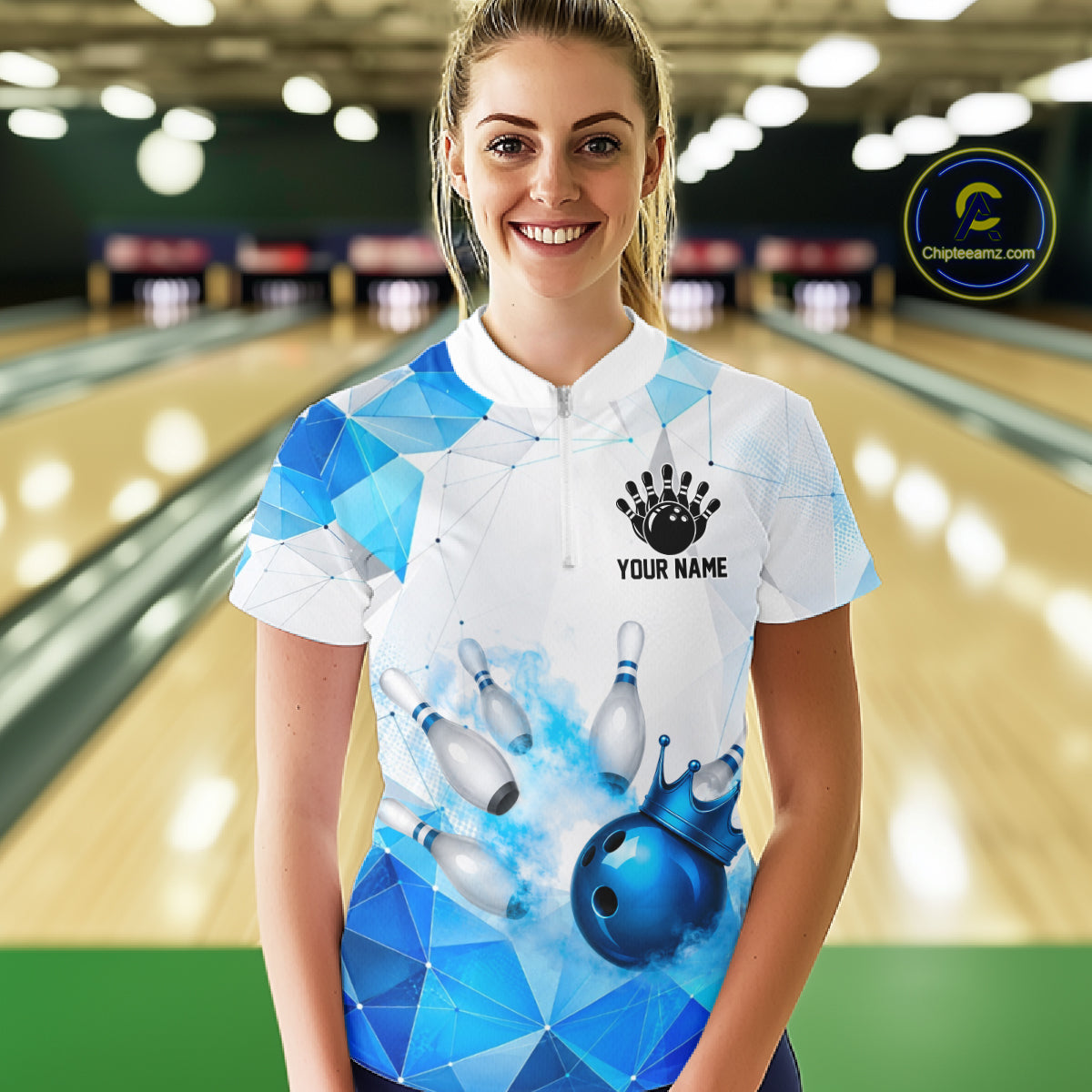 Woman wearing a bowling shirt with a geometric design in a bowling alley, featuring customizable player name and team name.