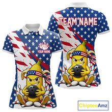Load image into Gallery viewer, Funny banana American flag bowling polo shirt for women with custom player name and team name.