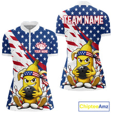 Load image into Gallery viewer, Funny banana American flag bowling quarter zip shirt for women with custom player name and team name.