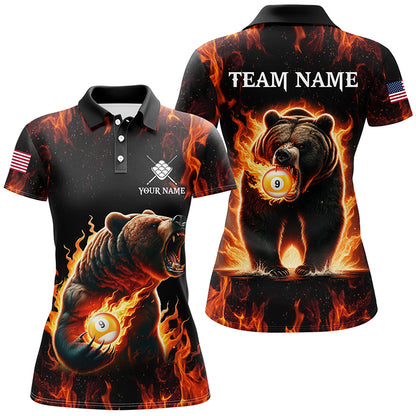 Custom Funny Bear & 9 Ball Pool Fire Flame Women Polo & Quarter-Zip Shirts, Billiard Team Jersey TDM1921