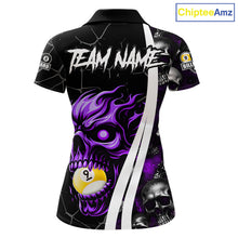 Load image into Gallery viewer, Purple skull 8 ball and 9 ball pool team polo shirt for women with skull billiard graphics.
