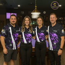 Load image into Gallery viewer, Pool team wearing matching purple skull 8 ball and 9 ball billiard jerseys front view.