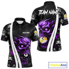 Load image into Gallery viewer, Purple skull 8 ball and 9 ball custom billiard polo shirt for men, pool team jersey and tournament apparel.