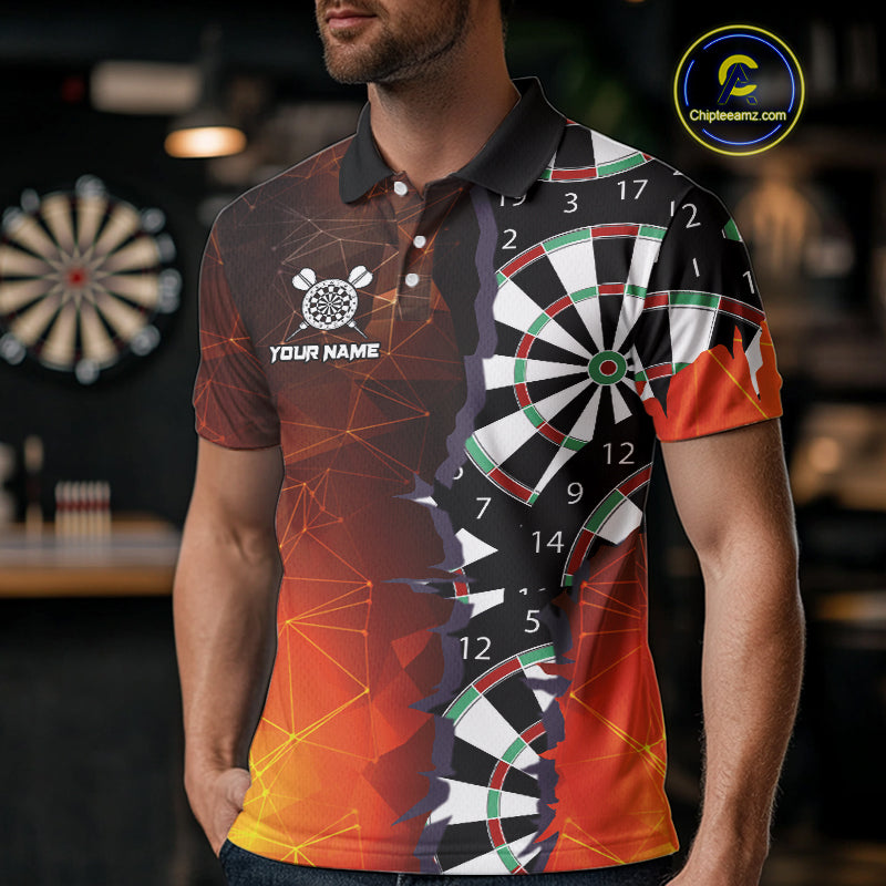 Personalized Fiery Orange Dartboard Crack Darts Shirt For Men, Funny Darts Jersey Polo & 1/4 Zip TDM4449