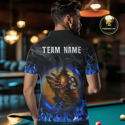 Funny Skull Billiard 8 Ball & 9 Ball Pool Shirt For Men Custom Blue Flaming Billiard Team Jerseys TDM4453