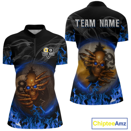Funny Skull Billiard 8 Ball & 9 Ball Pool Shirt For Women Custom Blue Flaming Billiard Team Jerseys TDM4453