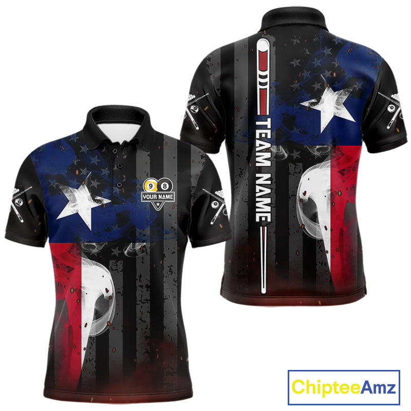 Personalized Vintage Smoke Texas Flag 8 Ball 9 Ball Billiard Polo Shirt for Men Featuring Patriotic Texas Flag Artwork for Pool League Players, Team Competition, and Tournament Events