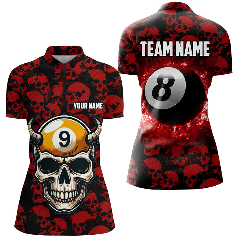 Personalized Billiard Jersey 8 & 9 Ball Custom Funny Skull Pattern Billiard Shirts For Women |Red TDM2370