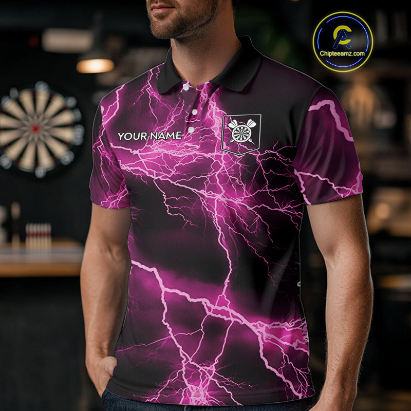 Thunder Lightning Pink Darts Shirt With Pocket For Men Custom Dart Jerseys TDM4696