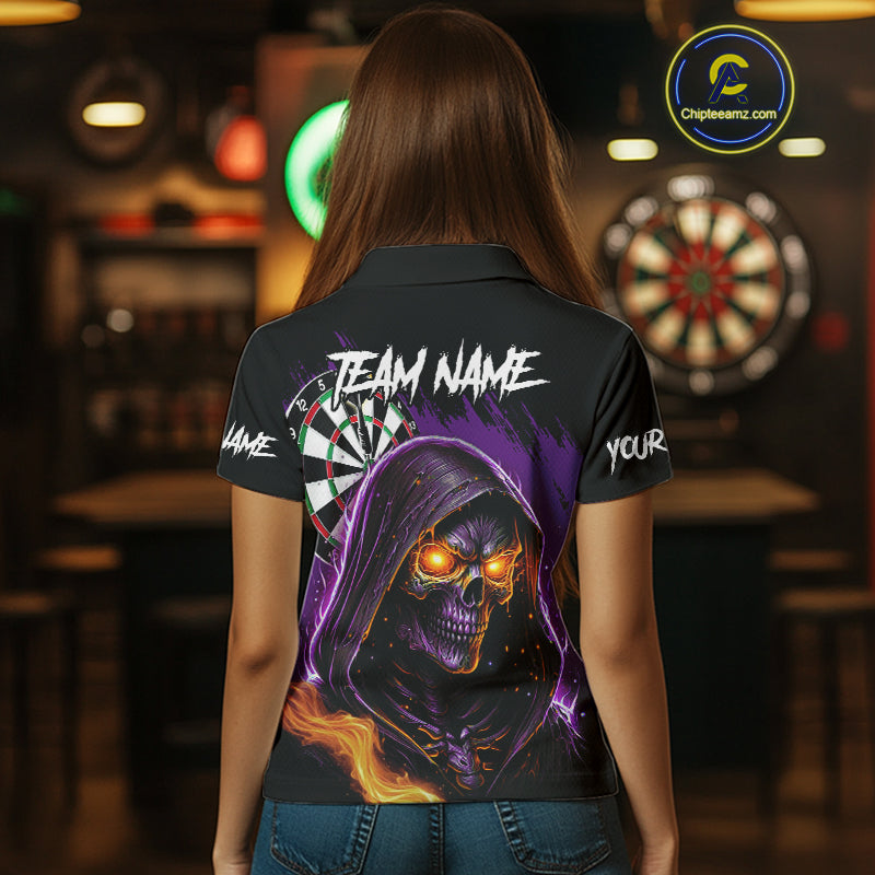 Personalized Purple Grim Reaper Fire Dart Shirt For Women Custom Skull Dart Jersey Polo & 1/4 Zip TDM4893