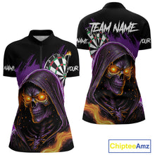 Load image into Gallery viewer, Personalized Purple Grim Reaper Fire Dart Shirt For Women Custom Skull Dart Jersey Polo &amp; 1/4 Zip TDM4893