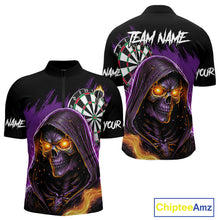 Load image into Gallery viewer, Personalized Purple Grim Reaper Fire Dart Shirt For Men Custom Skull Dart Jersey Polo &amp; 1/4 Zip TDM4893