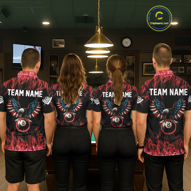 Red Flaming American Flag Eagle 8 Ball Billiard Shirt For Women Custom Patriotic Pool Team Jersey TDM5587